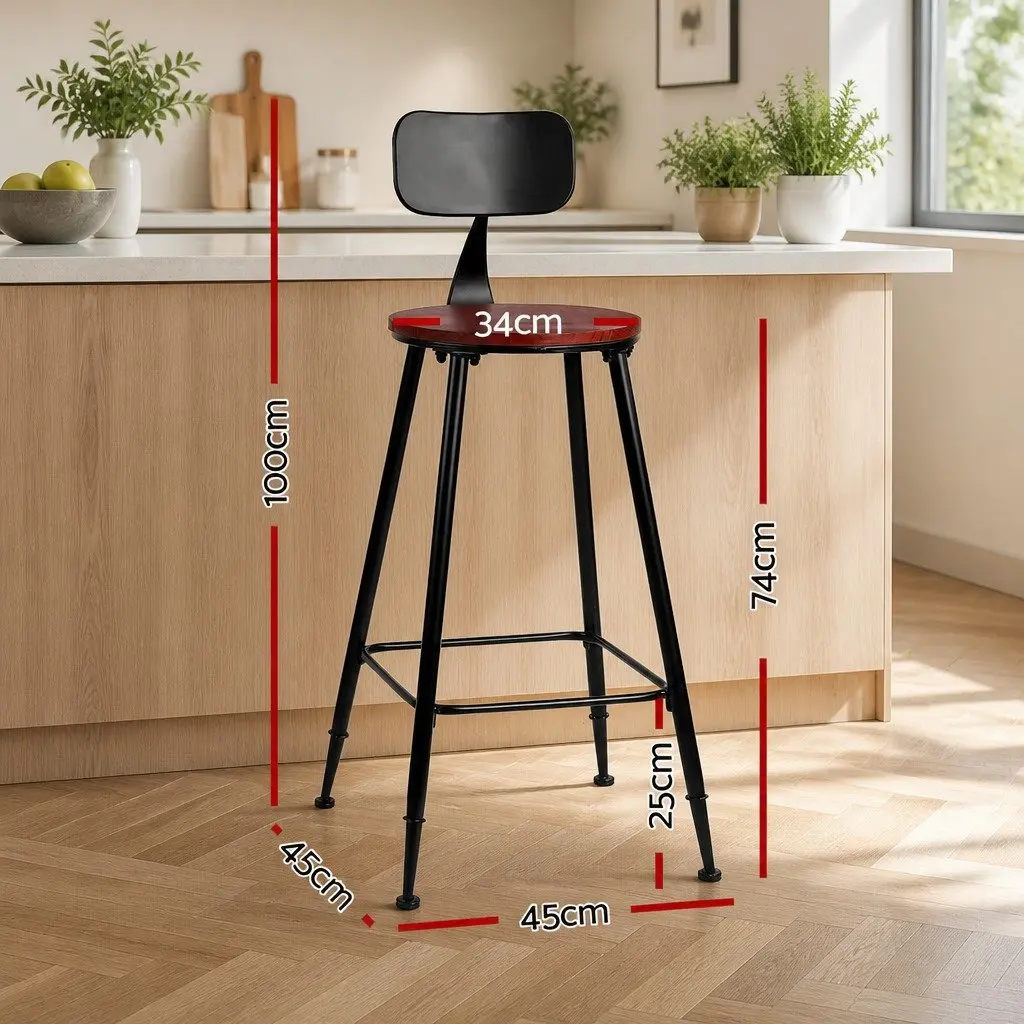 Bar Stools Industrial Metal Chairs Pinewood Seat Backrest Black 74cm Height Set of 4