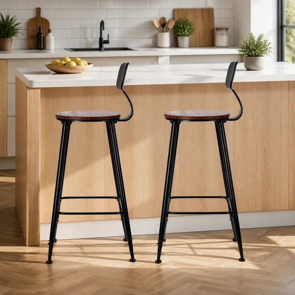 Bar Stools Industrial Metal Chairs Pinewood Seat Backrest Black 74cm Height Set of 4