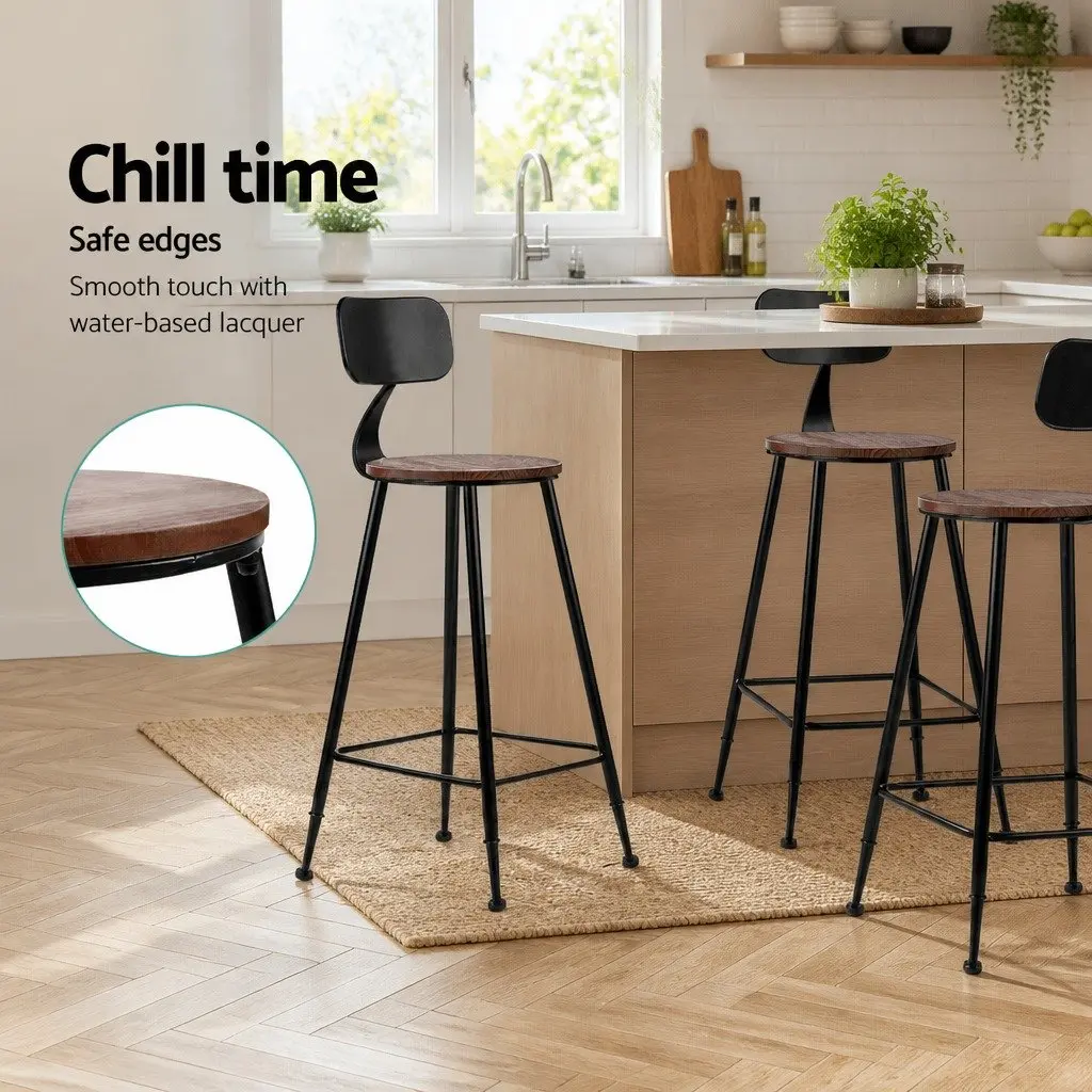 Bar Stools Industrial Metal Chairs Pinewood Seat Backrest Black 74cm Height Set of 4