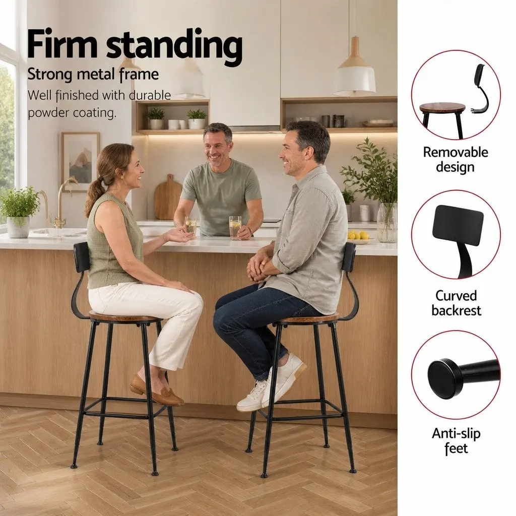 Bar Stools Industrial Metal Chairs Pinewood Seat Backrest Black 74cm Height Set of 4