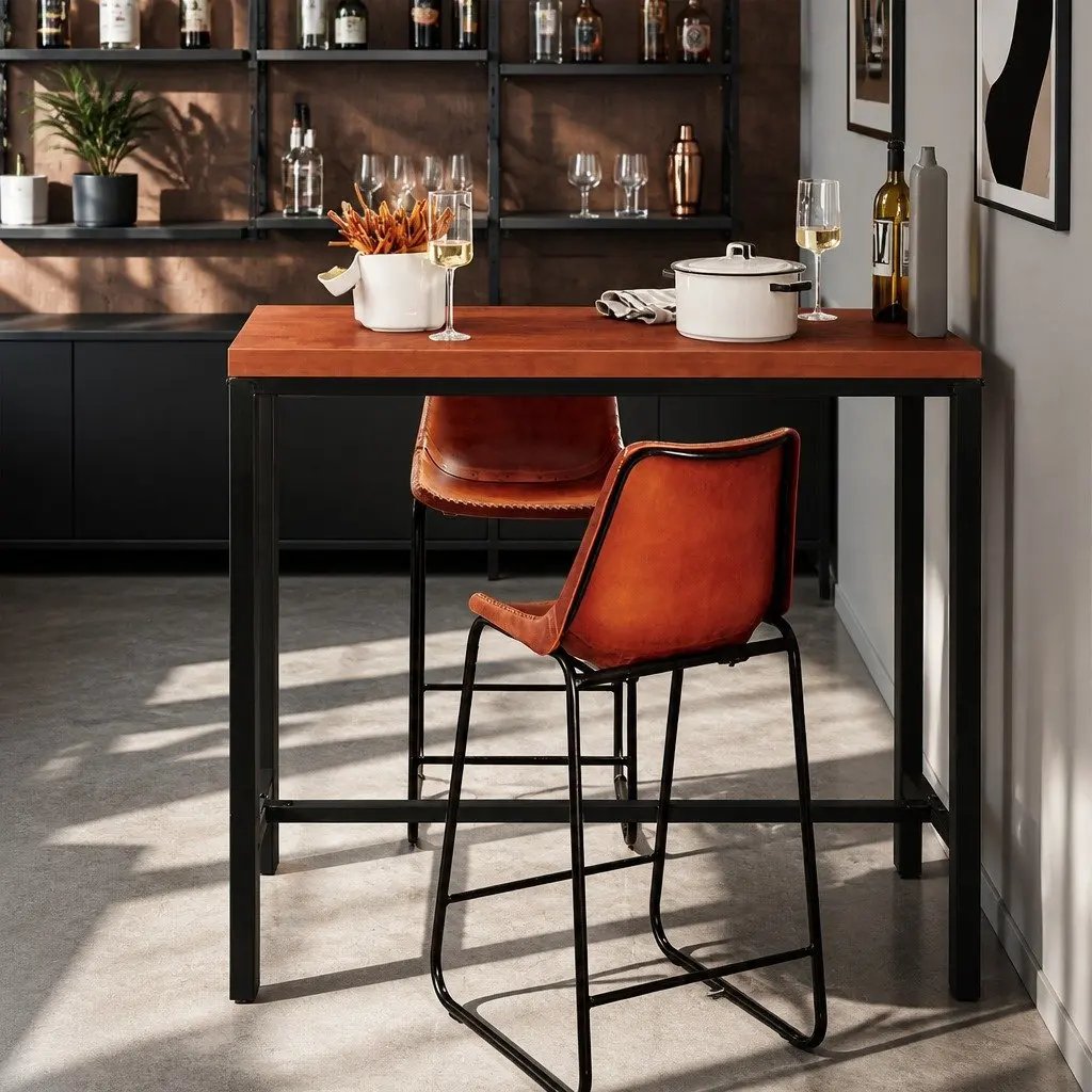 Bar Table 100CM Rectangular Industrial Design MDF Top Steel Frame Brown Black