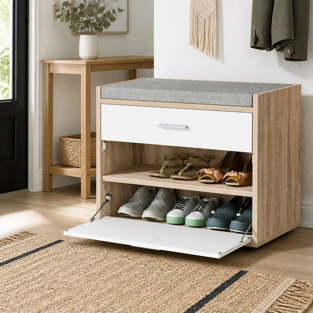 Shoe Storage Cabinet Bench Organizer 8 Pairs White Wood