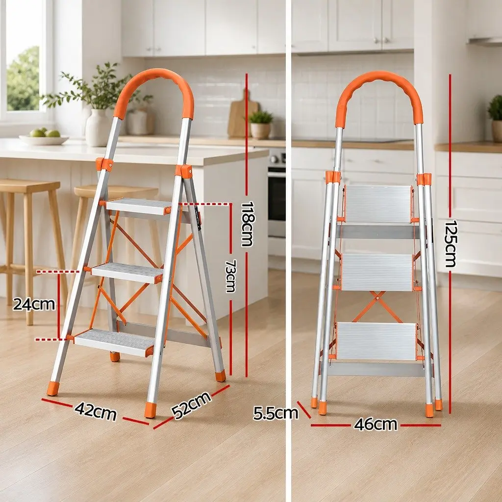 3 Step Ladder Folding Aluminium Lightweight Non-Slip Platform Home Use Silver