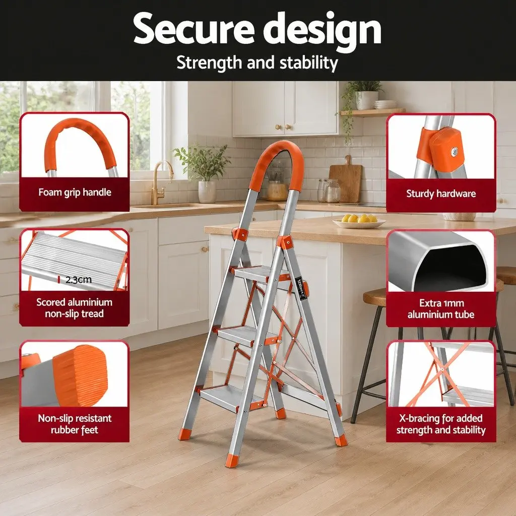 3 Step Ladder Folding Aluminium Lightweight Non-Slip Platform Home Use Silver