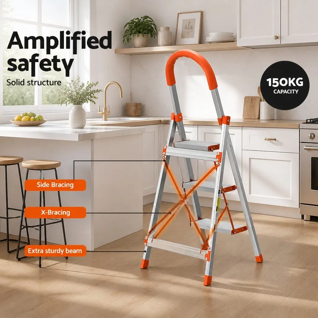 3 Step Ladder Folding Aluminium Lightweight Non-Slip Platform Home Use Silver