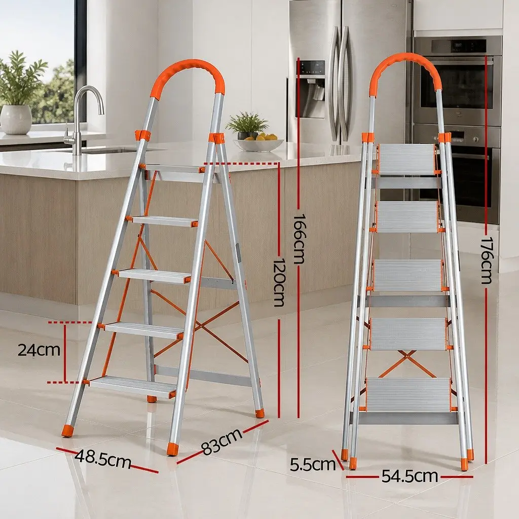 5 Step Ladder Folding Lightweight Aluminium Multi-Purpose Indoor Outdoor Silver