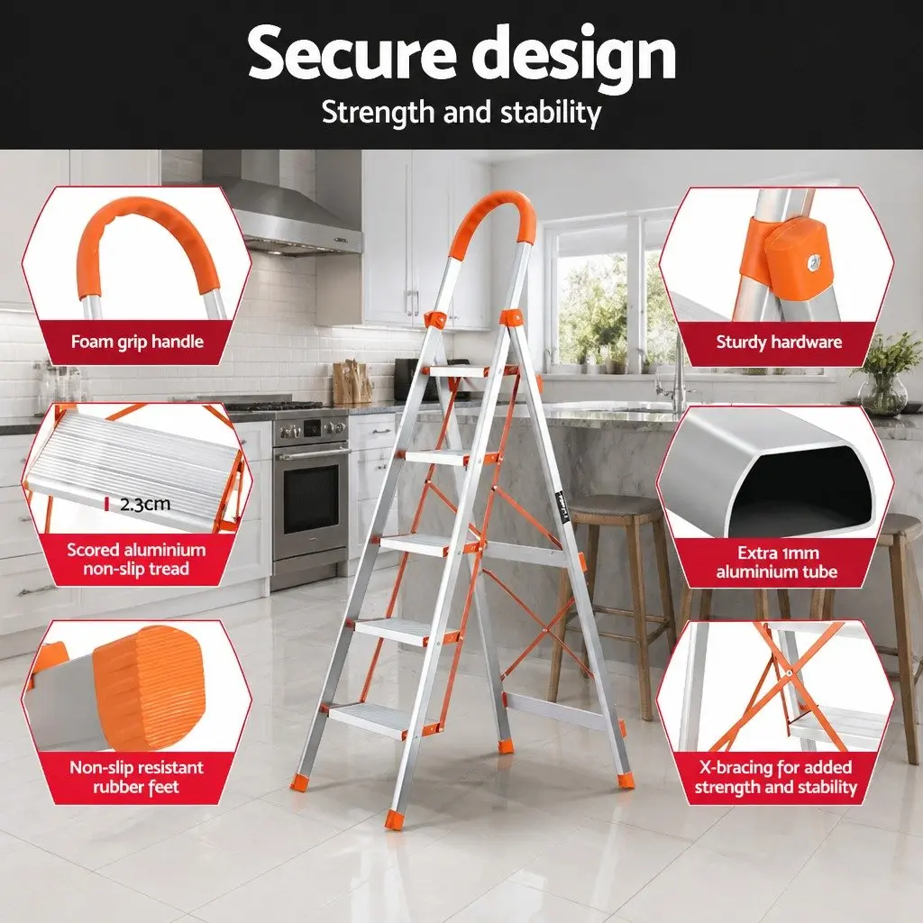 5 Step Ladder Folding Lightweight Aluminium Multi-Purpose Indoor Outdoor Silver