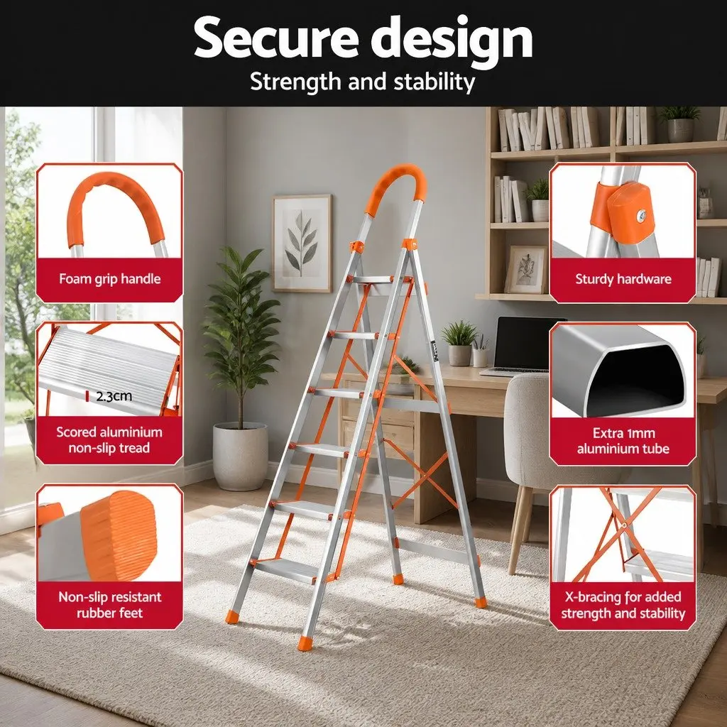 6 Step Ladder Aluminium Multi-Purpose Non-Slip 1885cm Silver