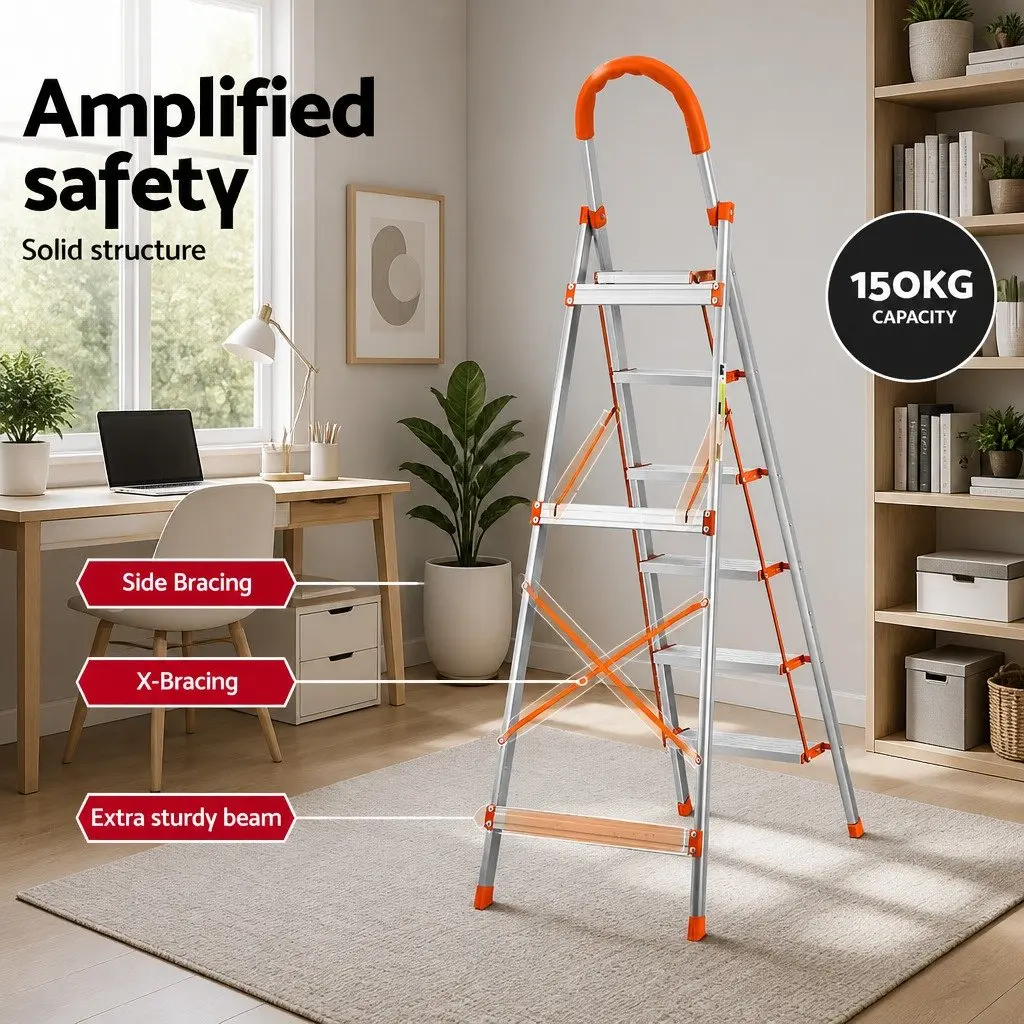 6 Step Ladder Aluminium Multi-Purpose Non-Slip 1885cm Silver