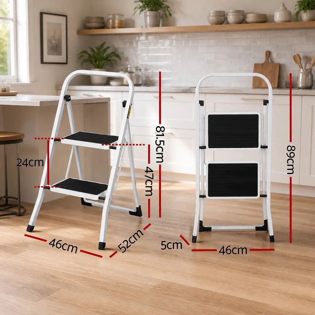 2 Step Ladder Folding Steel Multi-Purpose Platform Lightweight Home Work Black White