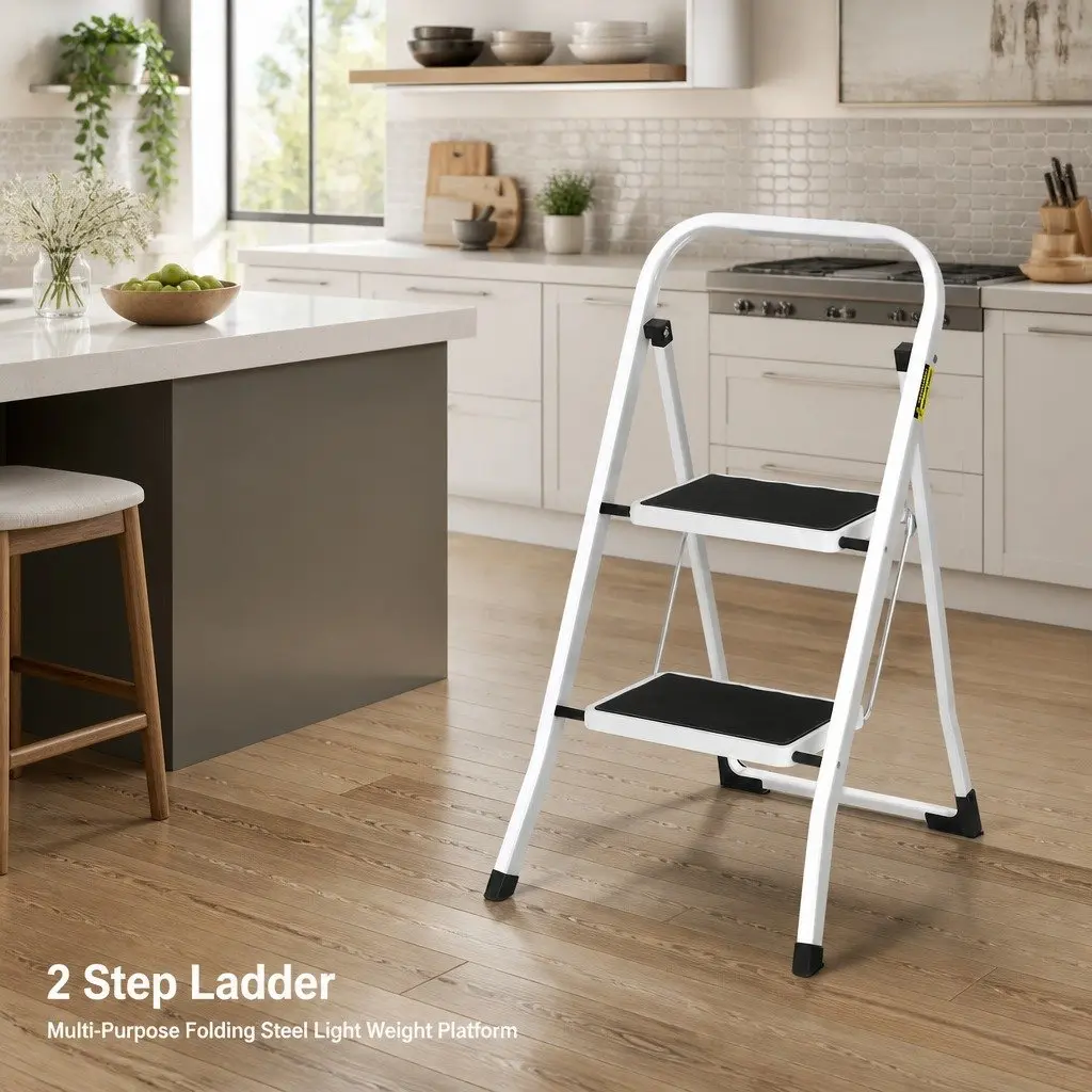 2 Step Ladder Folding Steel Multi-Purpose Platform Lightweight Home Work Black White