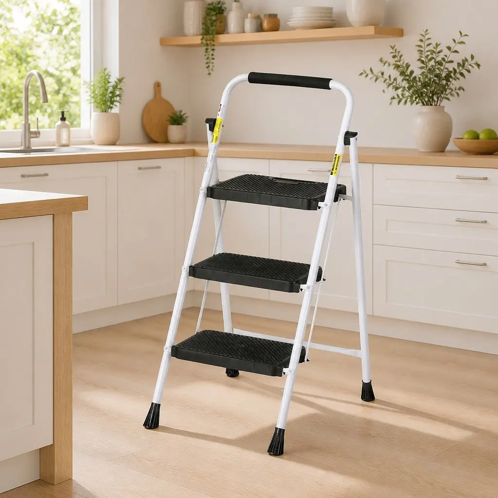 3 Step Ladder Folding Steel Multi-Purpose Platform Non-Slip Safety Black or White