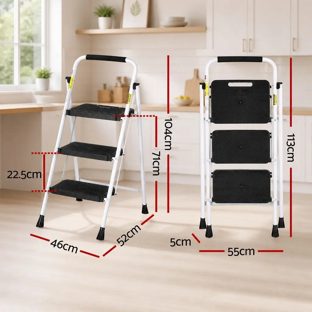 3 Step Ladder Folding Steel Multi-Purpose Platform Non-Slip Safety Black or White