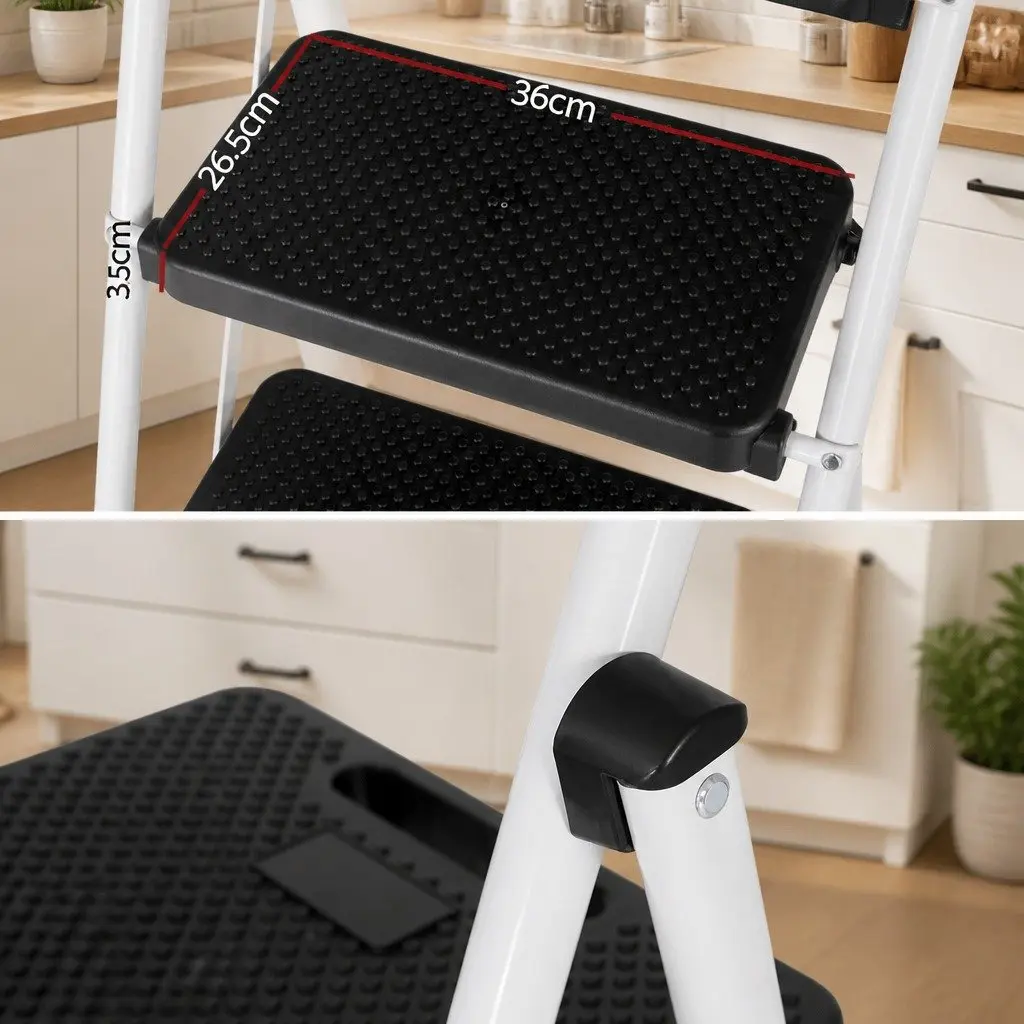3 Step Ladder Folding Steel Multi-Purpose Platform Non-Slip Safety Black or White