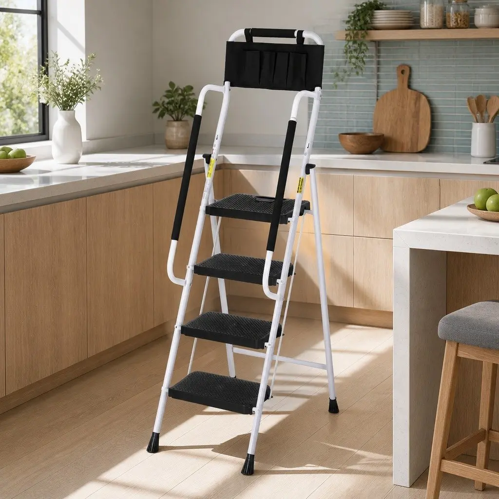 4 Step Ladder Folding Steel Multi-Purpose Tool Bag Black White