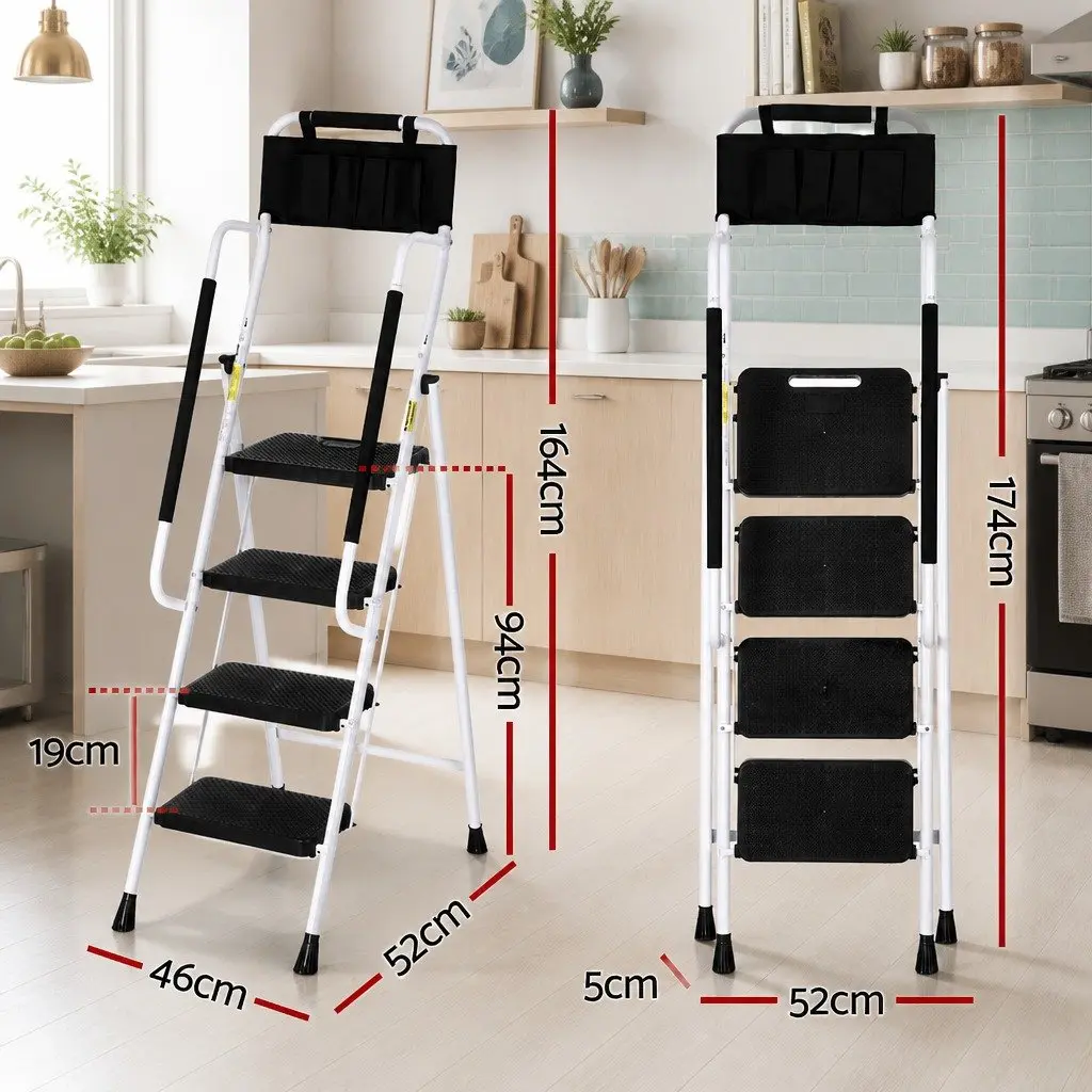 4 Step Ladder Folding Steel Multi-Purpose Tool Bag Black White