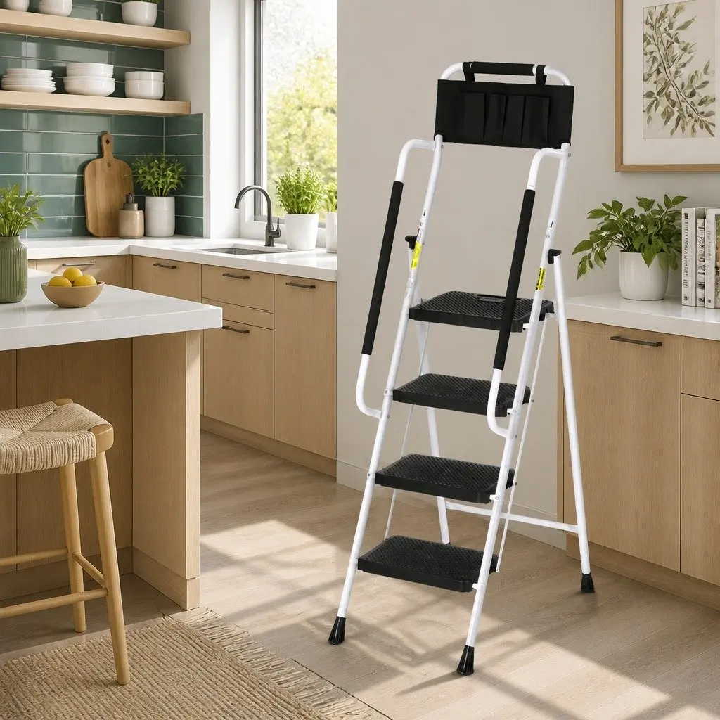 4 Step Ladder Folding Steel Multi-Purpose Tool Bag Black White