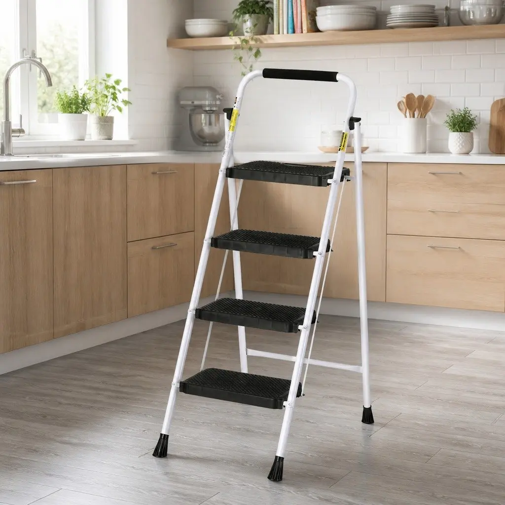 4 Step Ladder Folding Steel Multi-Purpose Platform Lightweight Indoor Outdoor Black White