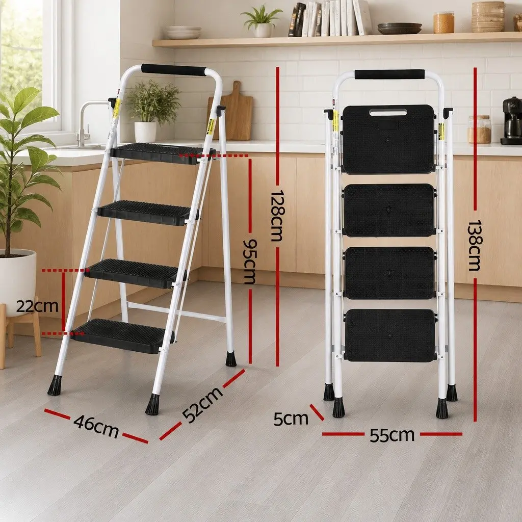 4 Step Ladder Folding Steel Multi-Purpose Platform Lightweight Indoor Outdoor Black White