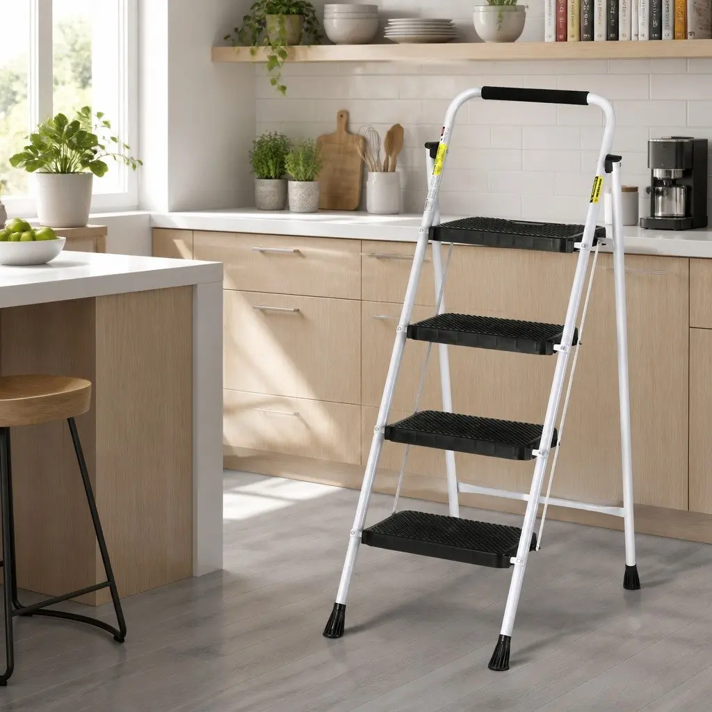 4 Step Ladder Folding Steel Multi-Purpose Platform Lightweight Indoor Outdoor Black White