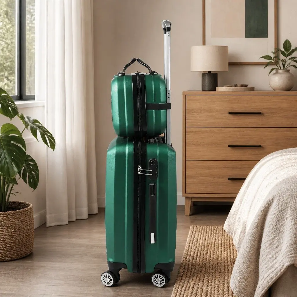 Luggage Set Travel Suitcase 20" Vanity Bag 12" Carry-On Trolley Green