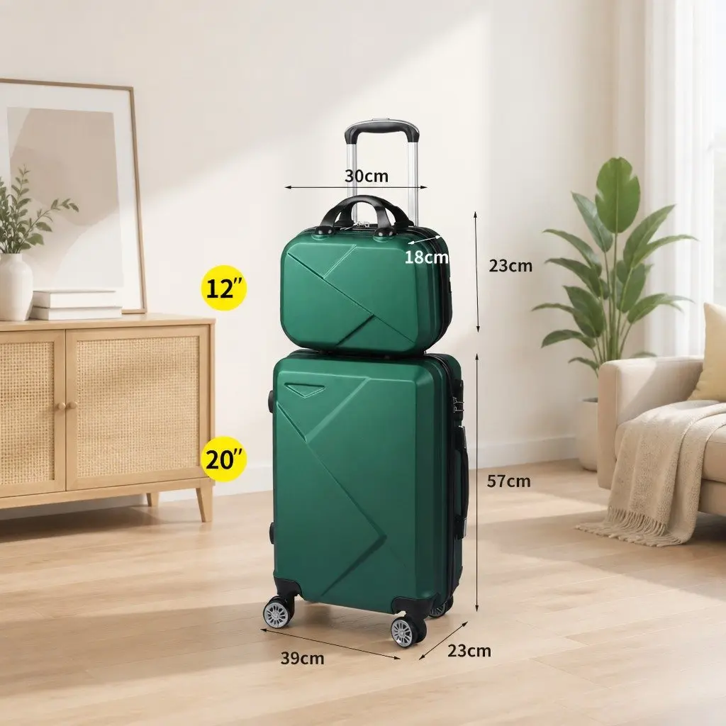 Luggage Set Travel Suitcase 20" Vanity Bag 12" Carry-On Trolley Green