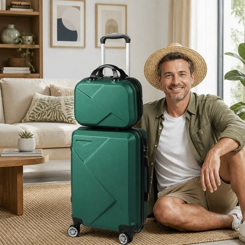 Luggage Set Travel Suitcase 20" Vanity Bag 12" Carry-On Trolley Green