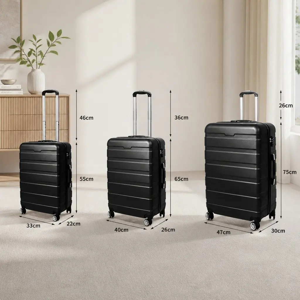 3PC Luggage Set Suitcase Travel Trolley Hard Shell Black 20 Inch 24 Inch 28 Inch