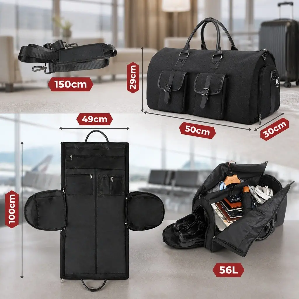Carry On Garment Bag 2 In 1 Suit Travel Bag Black 50cm x 30cm x 29cm