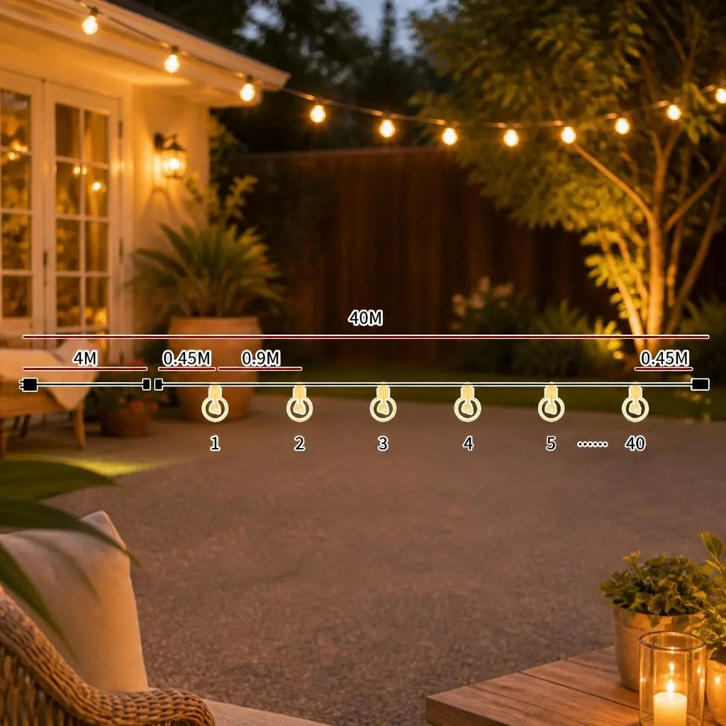 Festoon String Lights Outdoor Patio Garden 40M Warm White 40 Bulbs S14 LED