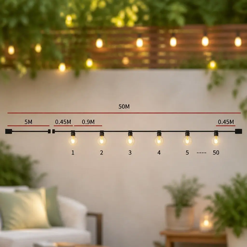 Festoon String Lights 50M Outdoor Wedding Patio Garden Warm White LED 50 Bulbs