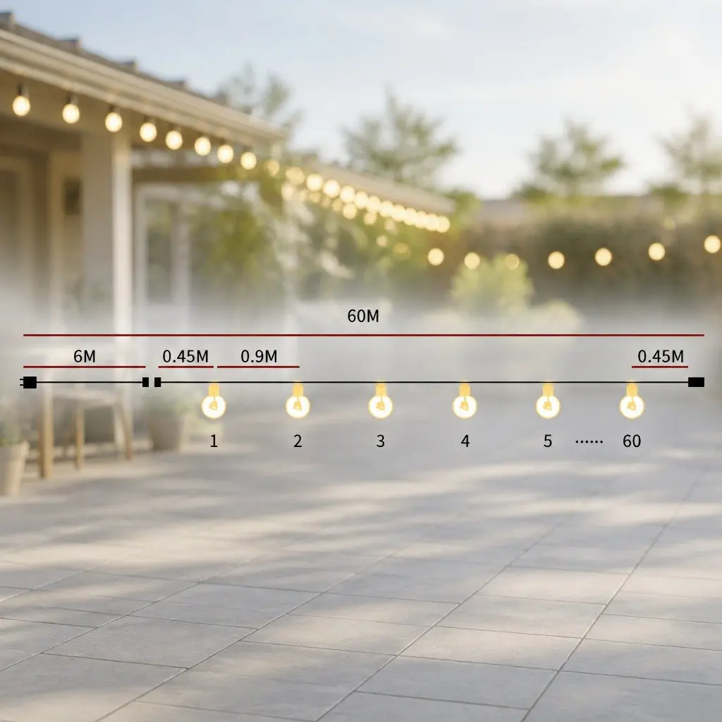 Festoon String Lights 60M LED Outdoor Garden Patio Wedding Warm White 60 Bulbs