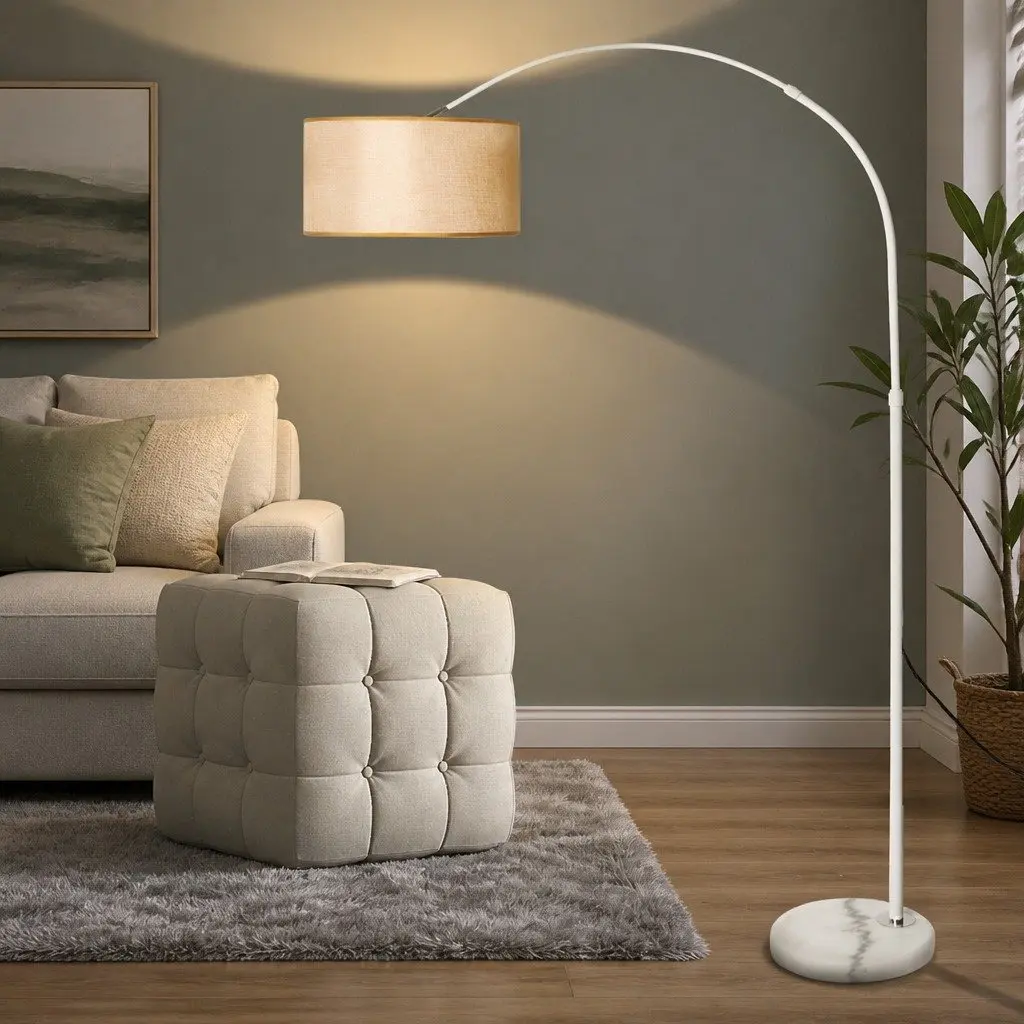 LED Floor Lamp Reading Light Adjustable Arm Marble Base Linen Shade White Beige