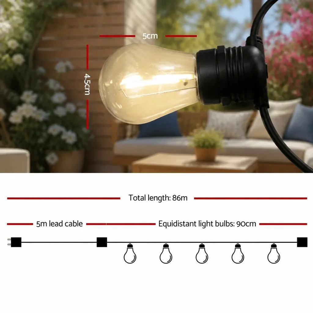 86m Festoon String Lights with Warm White Glow