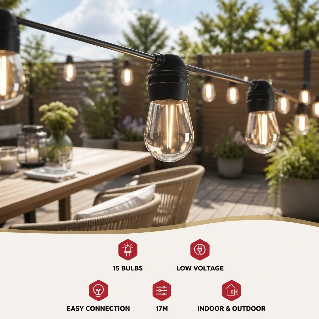 Solar Festoon String Lights Outdoor Warm White 34m 30 Bulbs