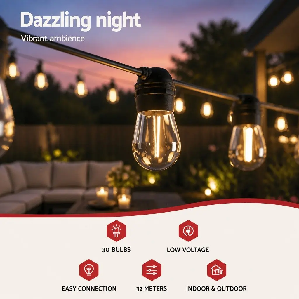 32m Solar Festoon String Lights for Year-Round Use