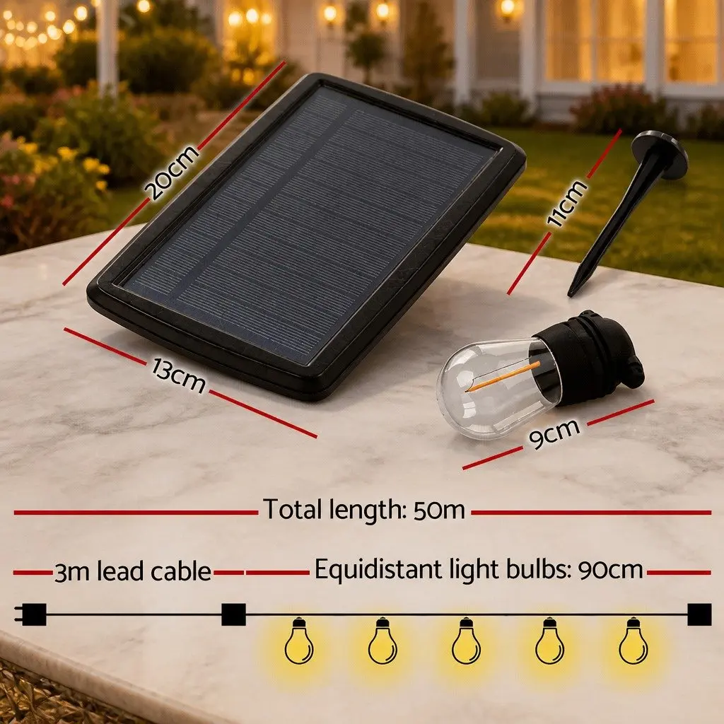 50m Solar Festoon String Lights Warm White Outdoor LED Christmas Party