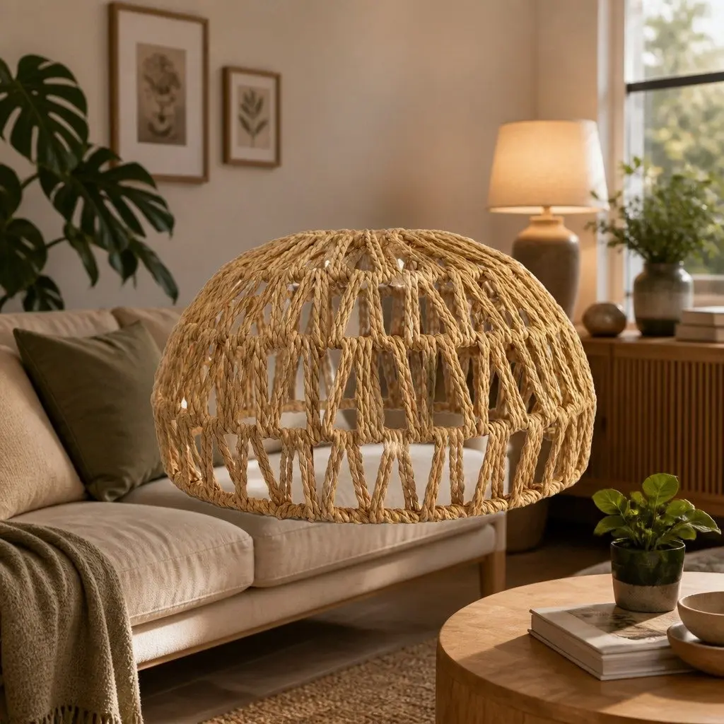Woven Pendant Light Shade Ceiling Lamp Hemp Rope Iron Frame Yellow 23cm x 23cm x 12.5cm Home Décor Hanging
