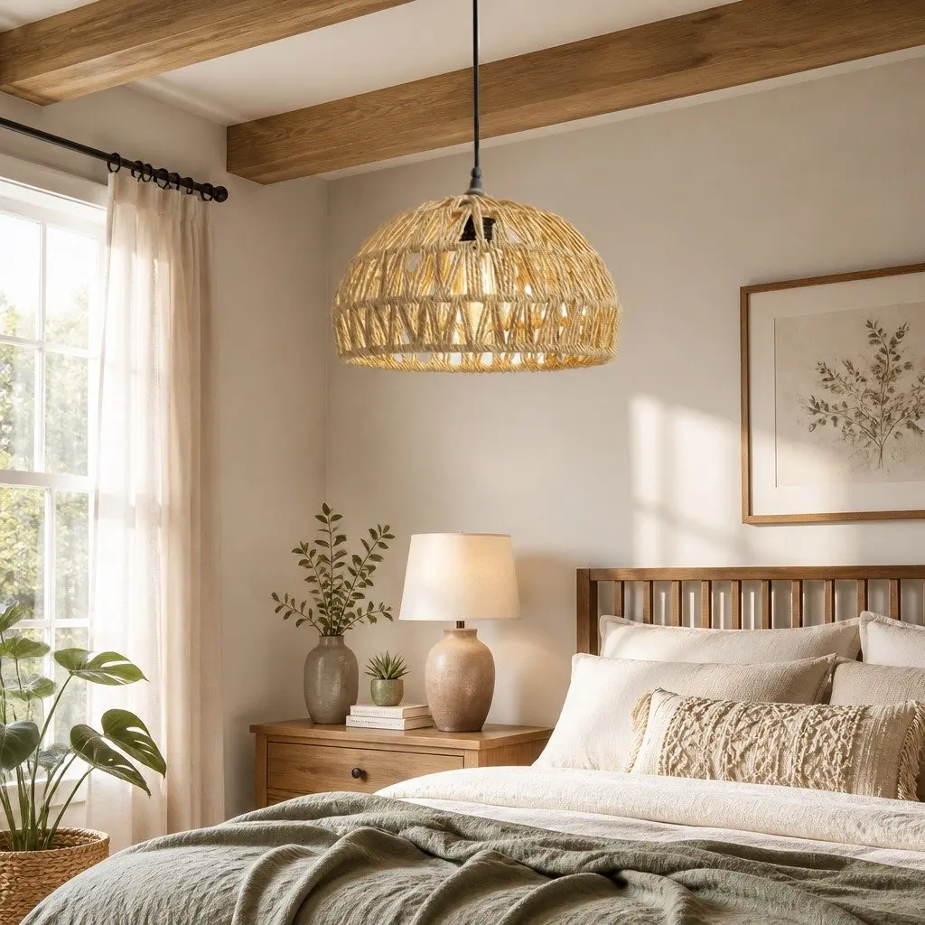 Woven Pendant Light Shade Ceiling Lamp Hemp Rope Iron Frame Yellow 23cm x 23cm x 12.5cm Home Décor Hanging
