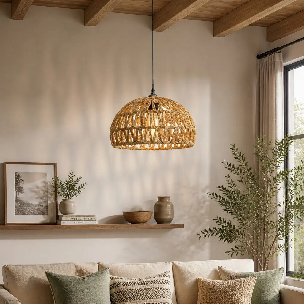 Woven Pendant Light Shade Ceiling Lamp Hemp Rope Iron Frame Yellow 23cm x 23cm x 12.5cm Home Décor Hanging