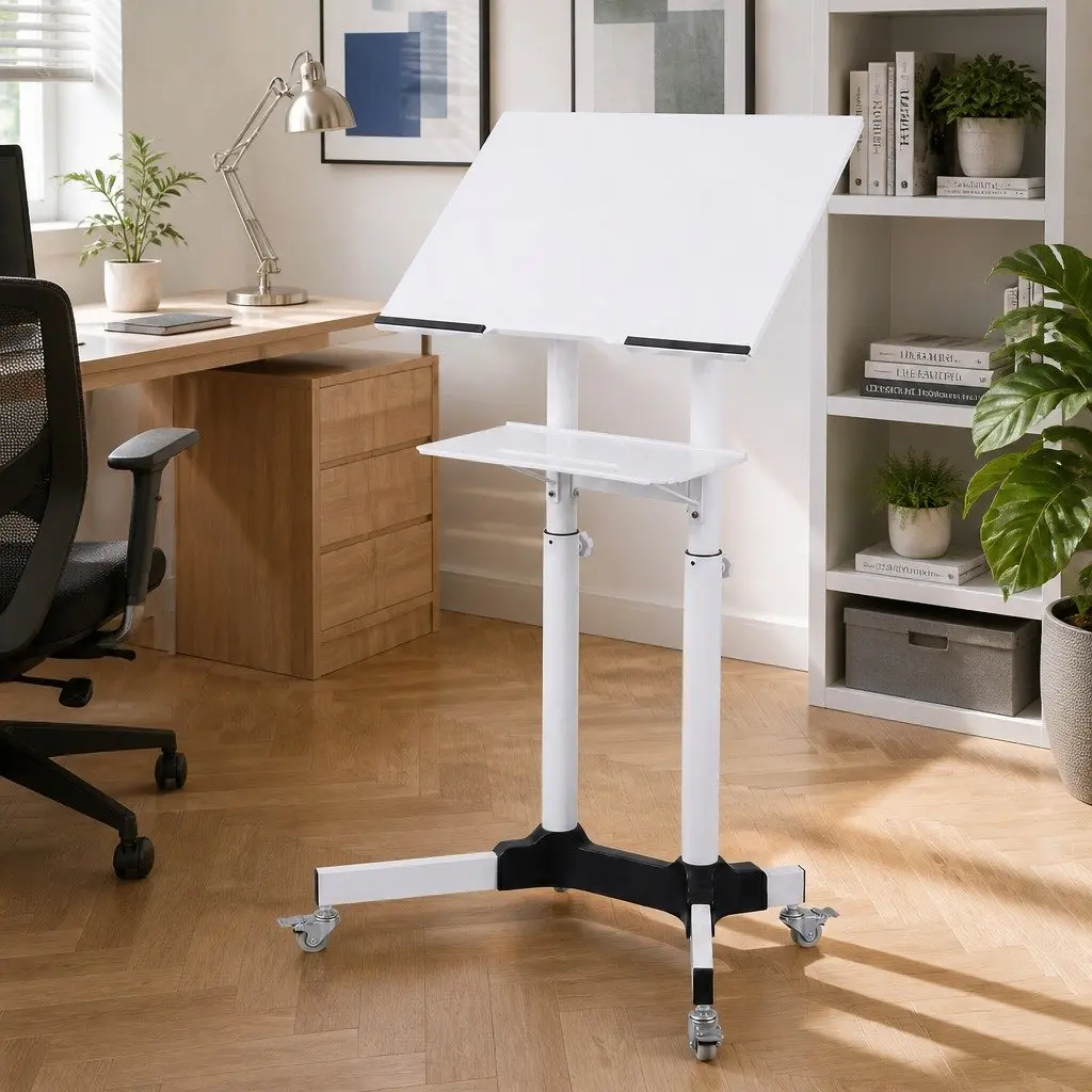 Mobile Lectern Stand Adjustable Sit-to-Stand Presentation Podium White