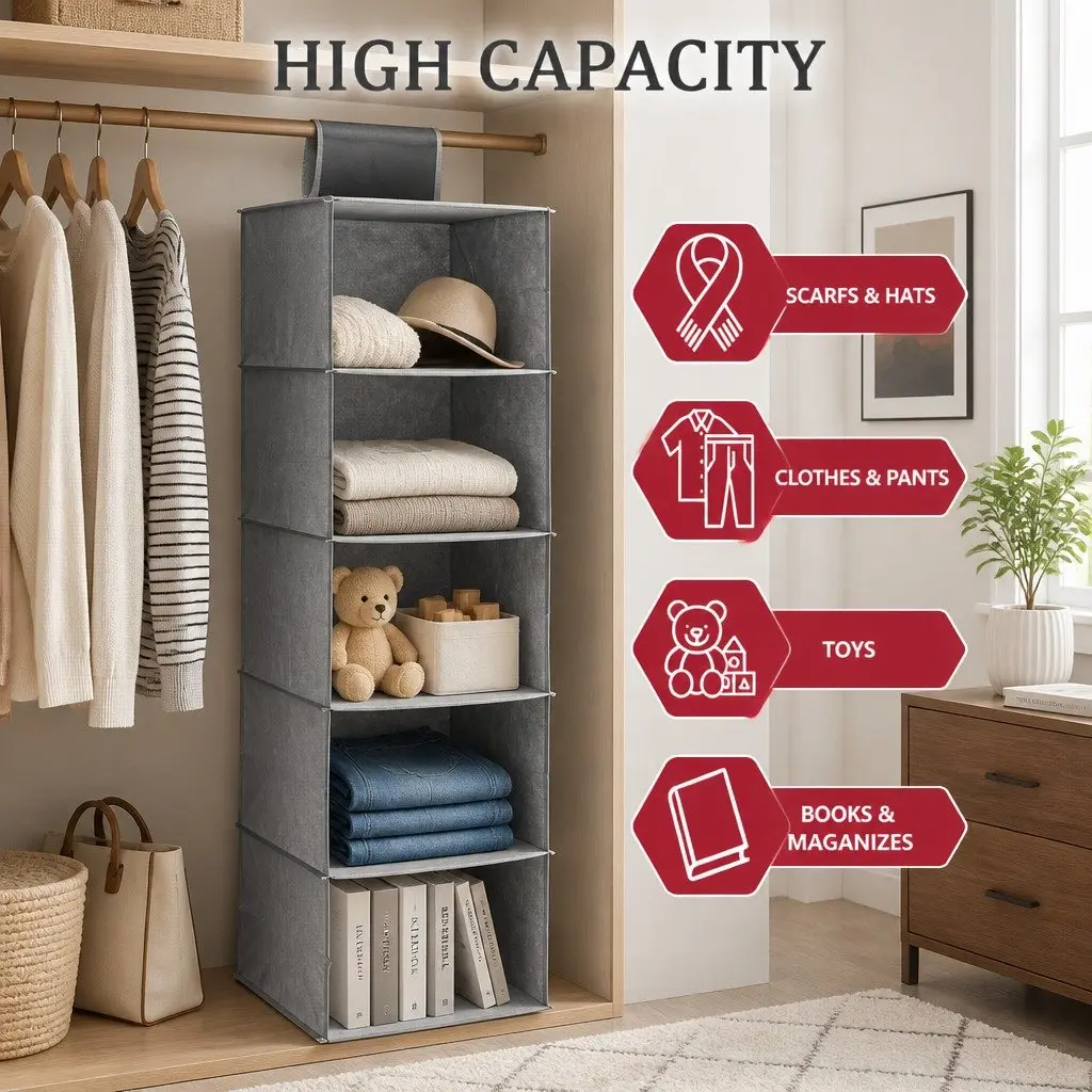 5 Tier Hanging Closet Organizer Storage for Clothes Accessories Grey
