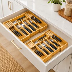 Bamboo Expandable Drawer Organizer 7 Compartments Kitchen Utensils Storage
