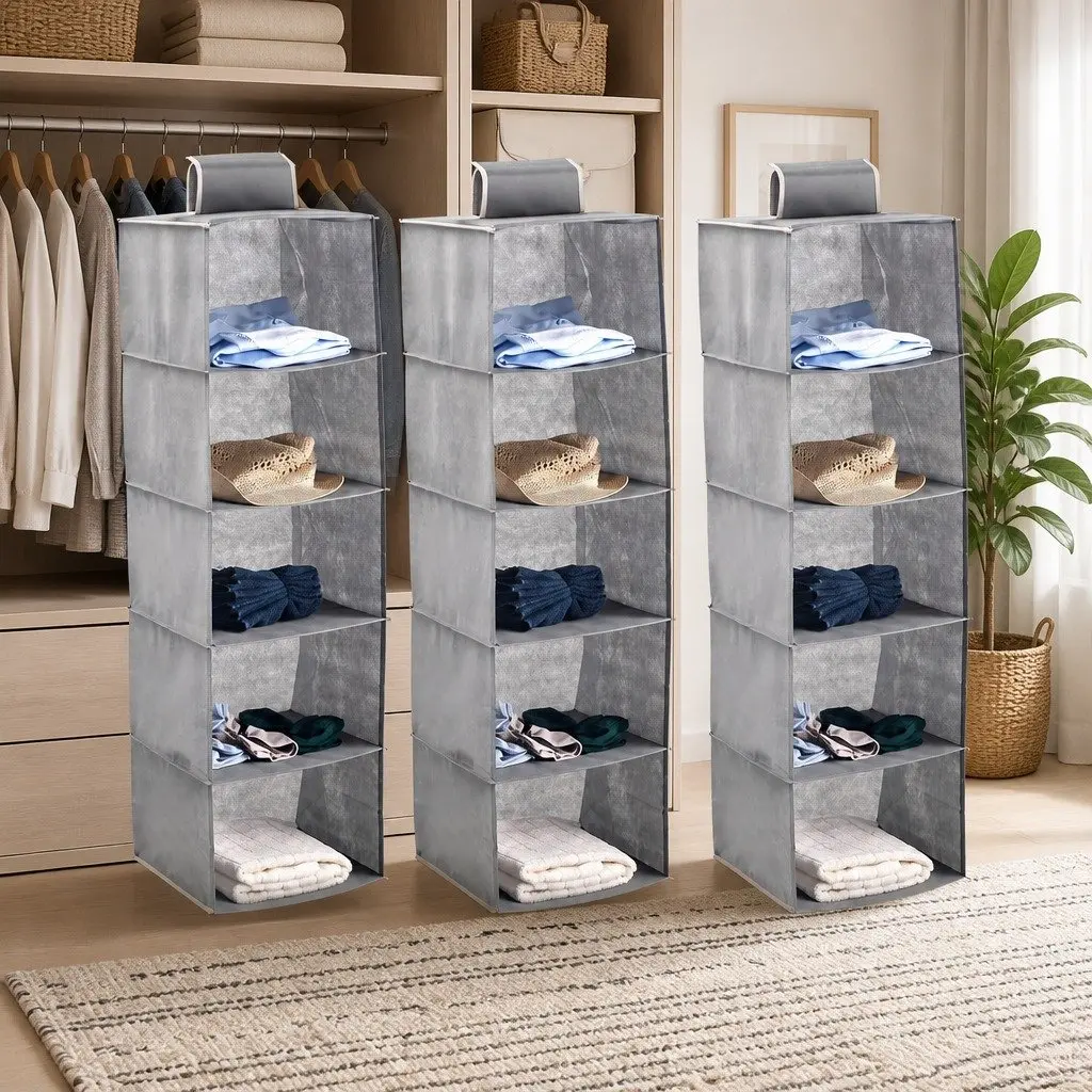 Hanging Closet Organizer 5-Tier Shelf Storage for Clothes 3 Pack Non-Woven Fabric