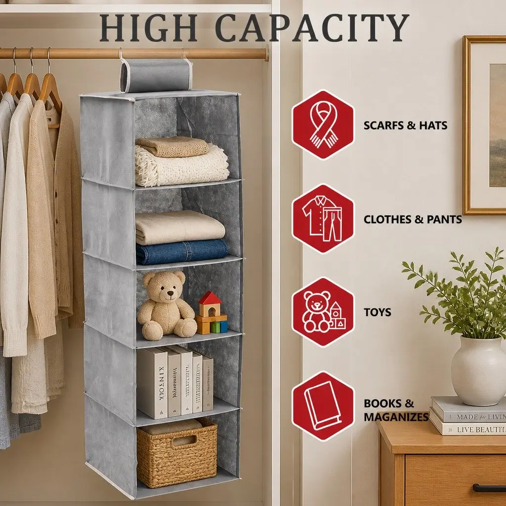 Hanging Closet Organizer 5-Tier Shelf Storage for Clothes 3 Pack Non-Woven Fabric