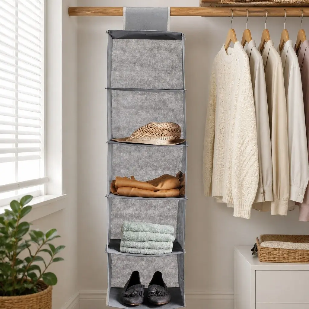 Hanging Closet Organizer 5-Tier Shelf Storage for Clothes 3 Pack Non-Woven Fabric