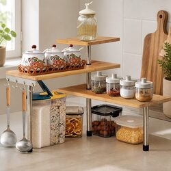 3 Tier Corner Shelf Kitchen Spice Rack Organiser with Hooks Bamboo Wall Storage
