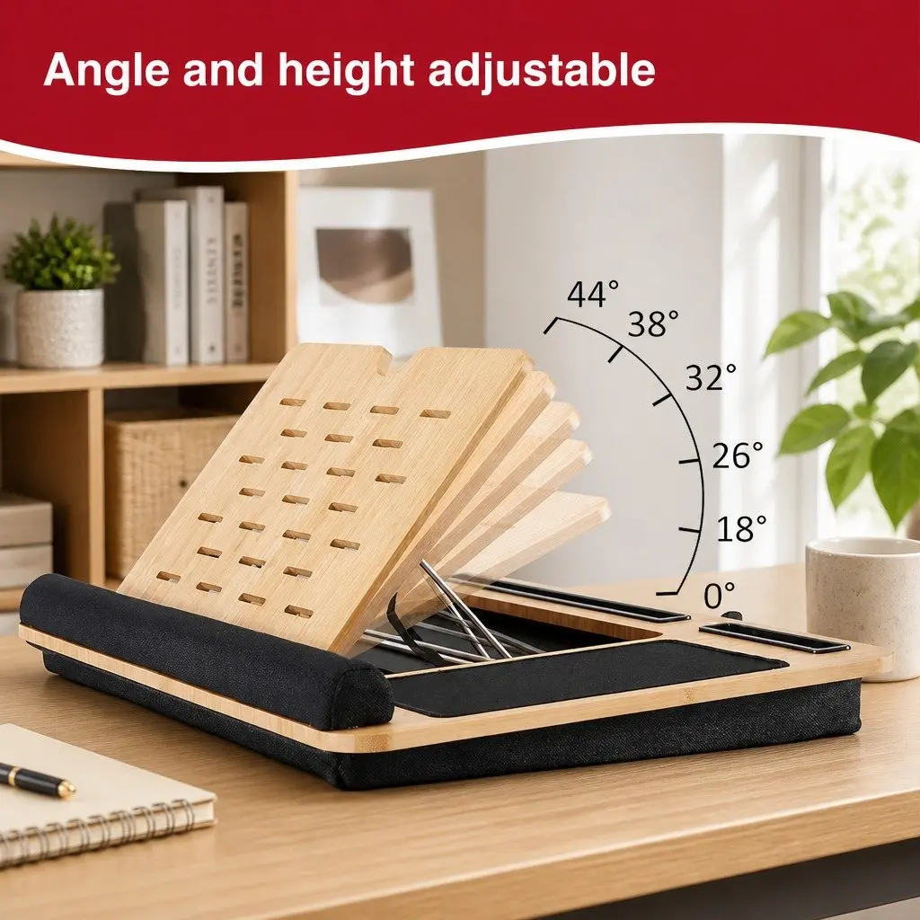 Bamboo Laptop Lap Desk Adjustable Angle Cushion Pad Stand Office Home Bed Sofa