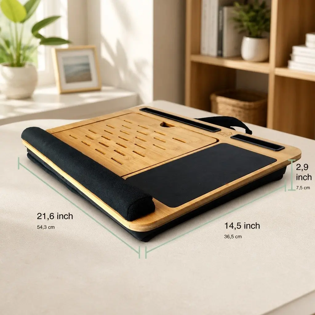 Bamboo Laptop Lap Desk Adjustable Angle Cushion Pad Stand Office Home Bed Sofa