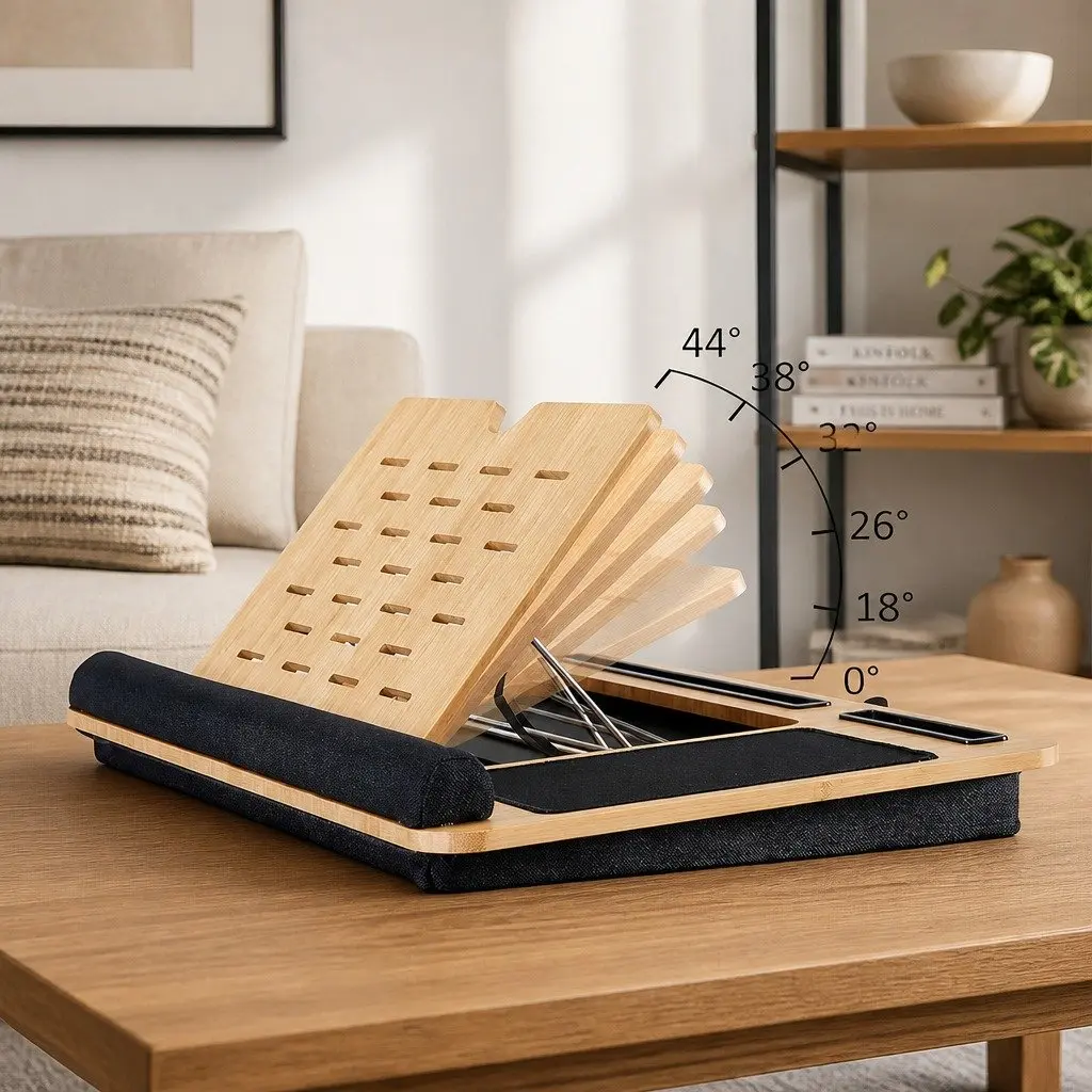 Bamboo Lap Desk Adjustable Angle Cushion with Tablet Phone Holder Sleeve for Laptops up to 17 Inches